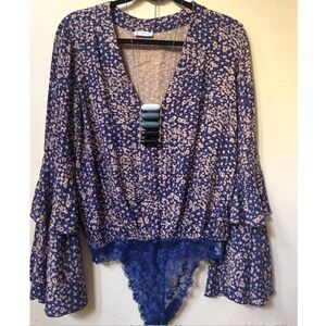 Intimately Free People Womens Sm Bodysuit Ditsy Floral Tiered Bell Sleeve Boho G